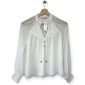 Abercrombie & Fitch Ivory Sheer Smocked Peasant Blouse Beading Size Extra Small